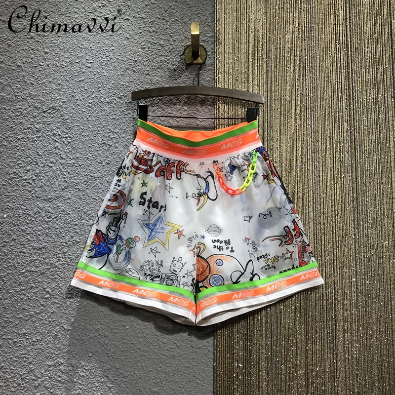 

2021 Spring Women Casual Colorful Graffti Short Pants Lady's Elastic High Waist Straight Loose Wide Leg Shorts Cool Fashion