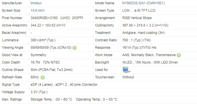 N156DCE-GA1 Rev C1 15, 6 4K LCD IPS   3840x2160 EDP 40 PIN