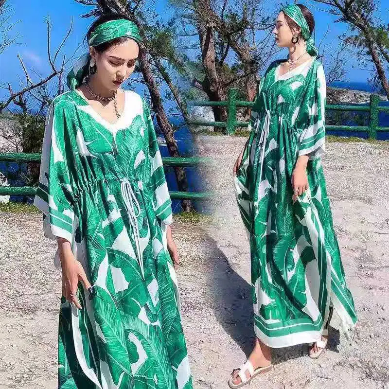 

2021 summer dress new Bohemian dress V neck bat sleeve loose chiffon dress + scarf