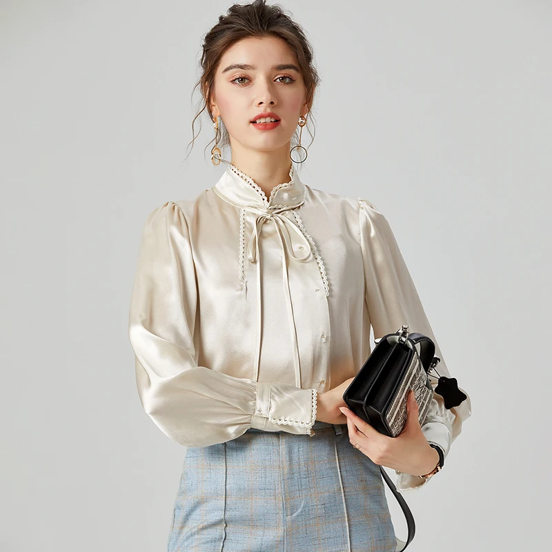 100% тяжелый Шелковый Атлас женская рубашка высокого качества шелковая вышивка