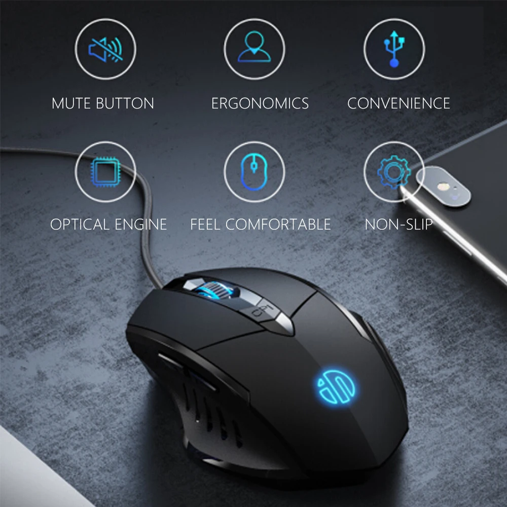 Игровая мышь inphic PW1 6 клавиш макро разрешение светящаяся Бесшумная 4000DPI