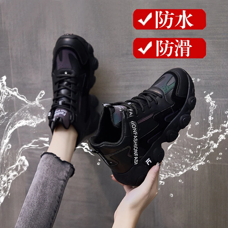 

Женские высокие кроссовки, черные универсальные кроссовки, новинка 2021, кожаные туфли для папы, Женская Нескользящая Рабочая обувь с плюшево...
