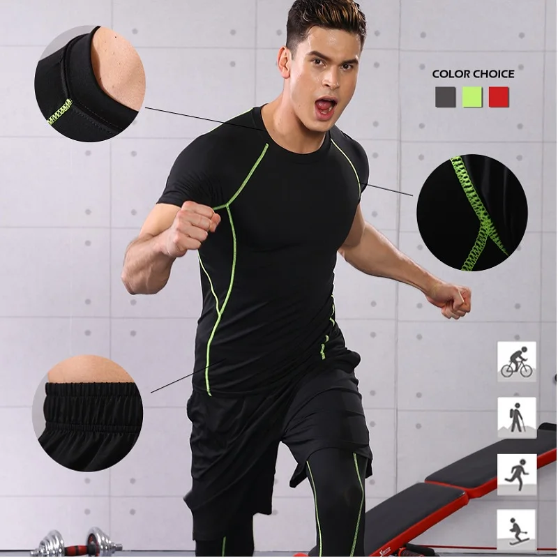 

Sportswear Men's Short-sleeved Printing Quick-dry Compression Tights Basketball Run Three-piece Sportswear Jogger Sets Tracksuit