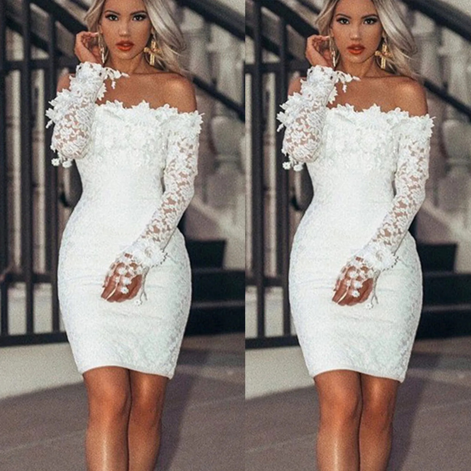 

Women Off Shoulder Dress Lace Party Slim Short Mini Dresses Wedding Prom