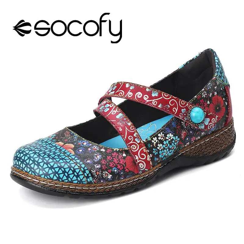

SOCOFY Genuine Leather Handmade Leather Mary Janes Floral Adjustable Hook Loop Wedges Shoes Women Shoes Botas Mujer 2020