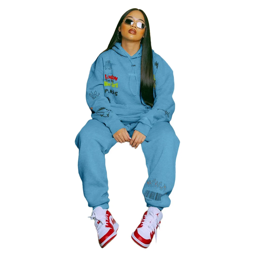 

Harajuku Letter Print Hoodies 2 Piece Set Tracksuit for Women Hooded Long Sleeve Loose Pullover & Boggy Workout Pant Sweat Suits