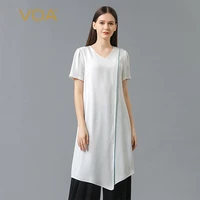 voa 40mm silk white woman tops v neck short sleeve elegant tshirts open thread decorative hem split long loose t shirt be677