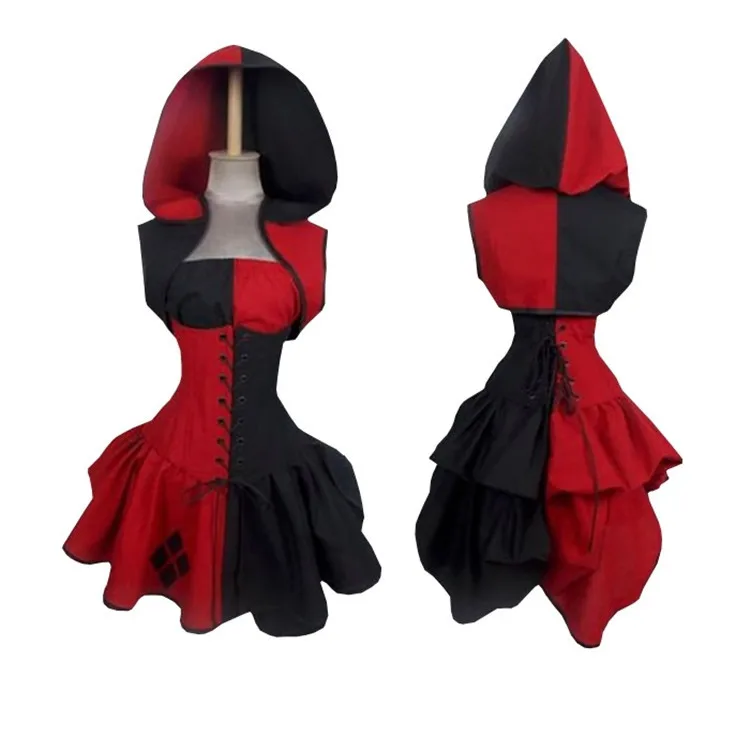 

Medieval Vintage Women Dress Sleeveless Hooded Lace-up Dresses Halloween Cosplay Costumes Splice Color for Women S-2XL C65282AD