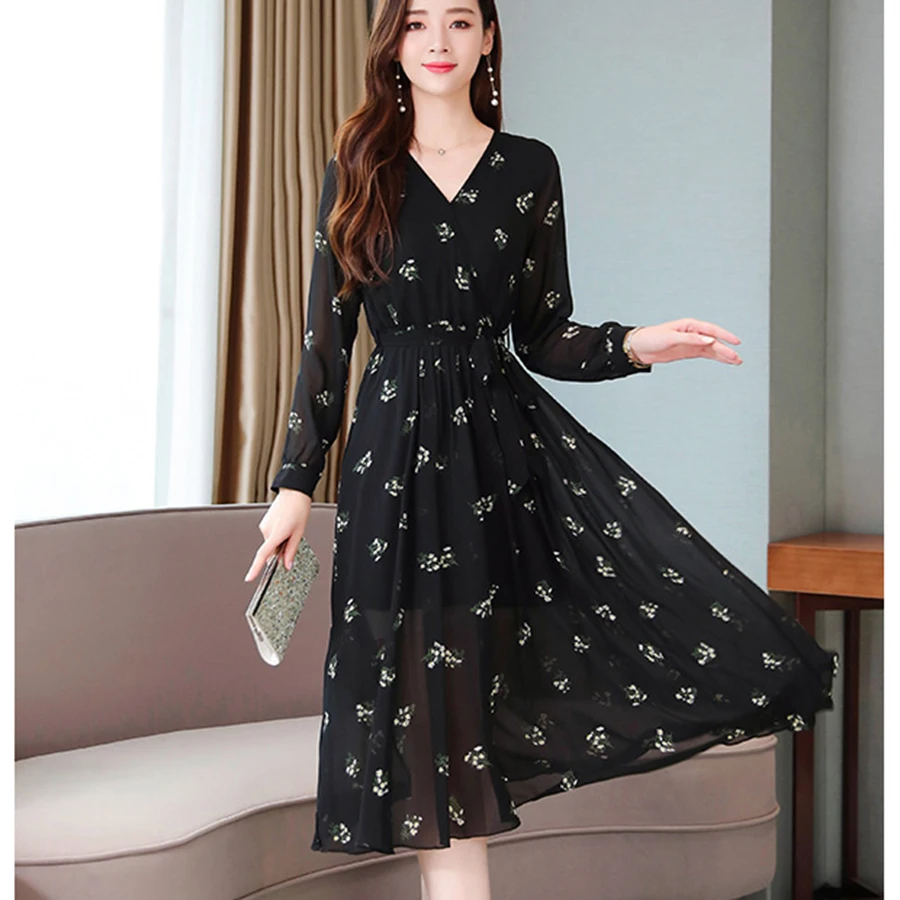 Женское шифоновое платье-миди с длинным рукавом черное винтажное платье