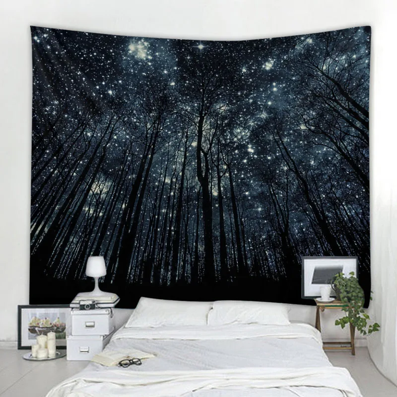 

Starry sky forest tapestry moonlight night psychedelic bohemian decoration wall hanging home room art background decoration
