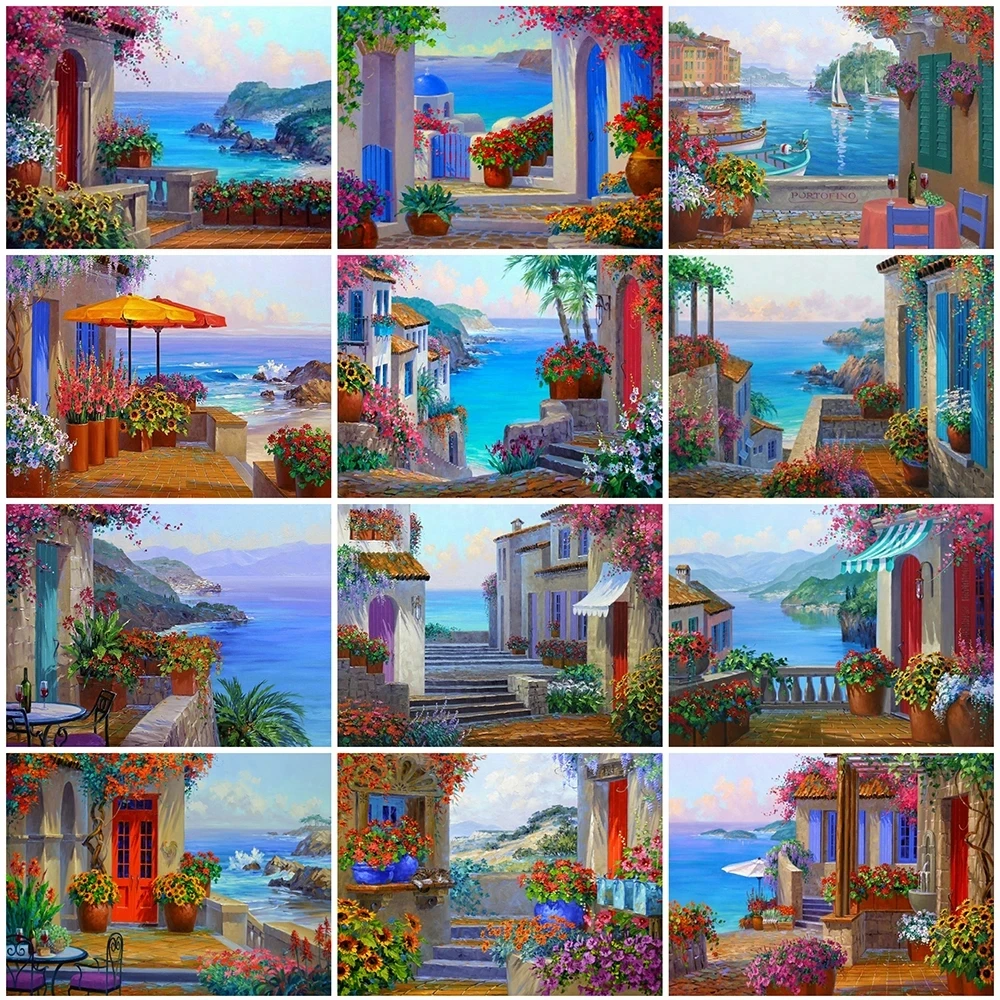 

Aegean Sea Scenery 5D Diy Diamond Painting Garden Mosaic Sale Diamond Embroidery Town Landscape Rhinestone Art Home Decorations