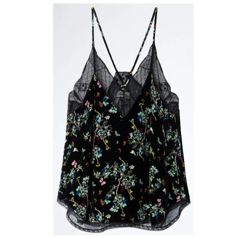 

Women Tops 2021 New Silk Velvet Print Camisole Top with Lace Trim on The Chest