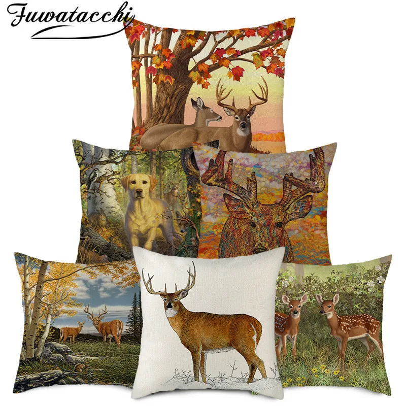 Fuwatacchi Pure Linen Giraffe Printed Cushion Cover Sika Deer Animal Photo Pillow for Home Car Sofa Decorative Pillowcases | Дом и сад