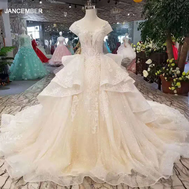 LS11098 кружевное свадебное платье с рукавами крылышками и круглым вырезом