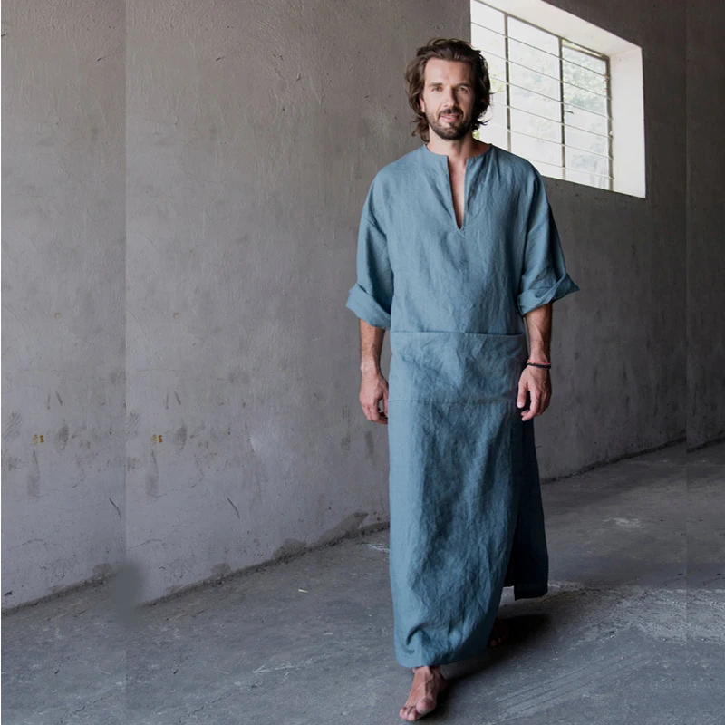 Халат мужской длинный из натурального хлопка и льна|robe male|male robemen gown |