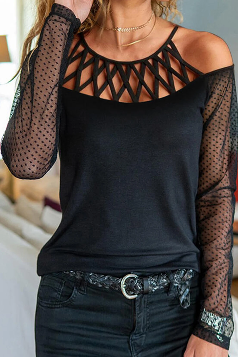 

Polka Dot Cold Shoulder Long Sleeves Top Women Casual Blouse Top