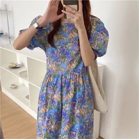 free shiping women summer new floral casual chic fashion loose puff sleeves mid length v neck elegant ladies dresses