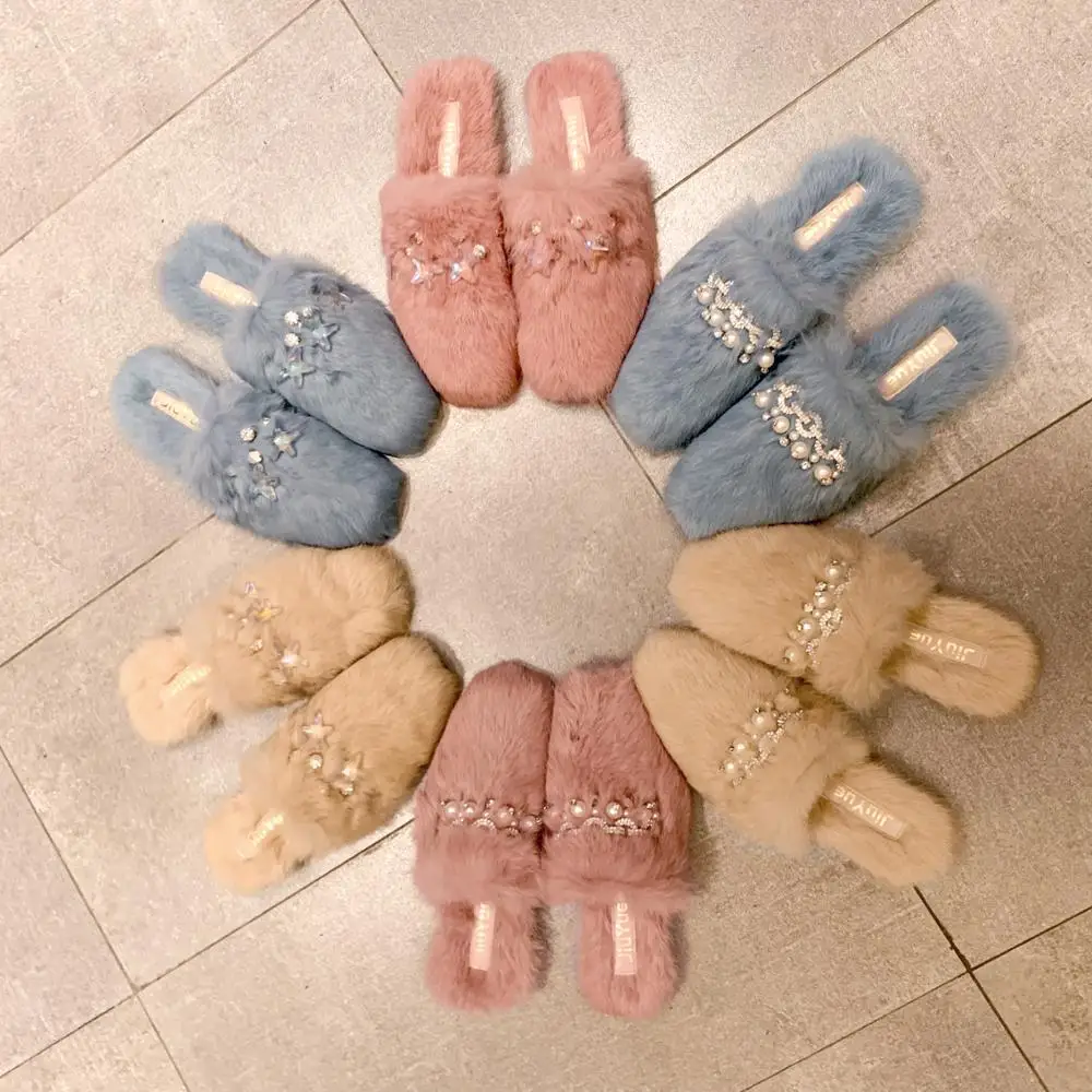upscale genuine rabbit hair mules sliders flats women winter warm long fur pearl crystal slippers soft bottom non-slip flipflops | Обувь