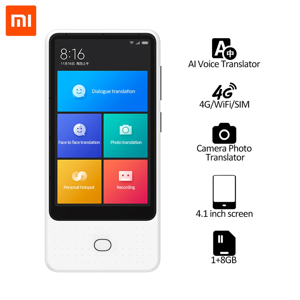 Переводчик голоса Xiaomi Mijia 1 + 8 Гб 18 языков сенсорный экран 4 дюйма 4G/Wi Fi/SIM 6
