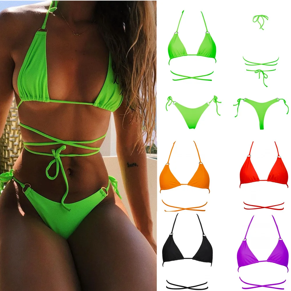 

Swimsuit Sexy Bandage Drawstring Bikini Solid Color Swimwear Swimming Suit 2 Piece Sets Womens Brazilian Beachwear Bathing Suits