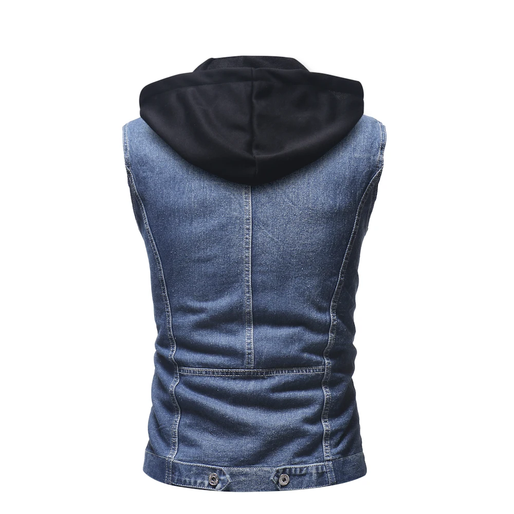 

Autumn winter men ripped distressed jeans vest vintage sleeveless denim jacket men's casual hooded vest slim fit gilet homme