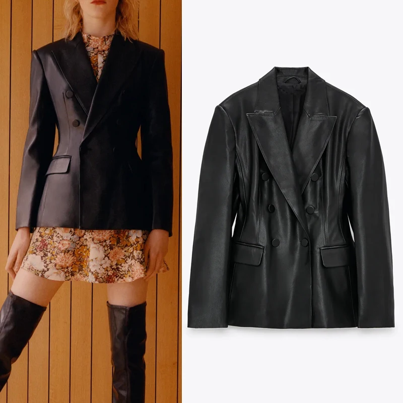 Женский двубортный Блейзер Za черный блейзер из искусственной кожи Осенний с