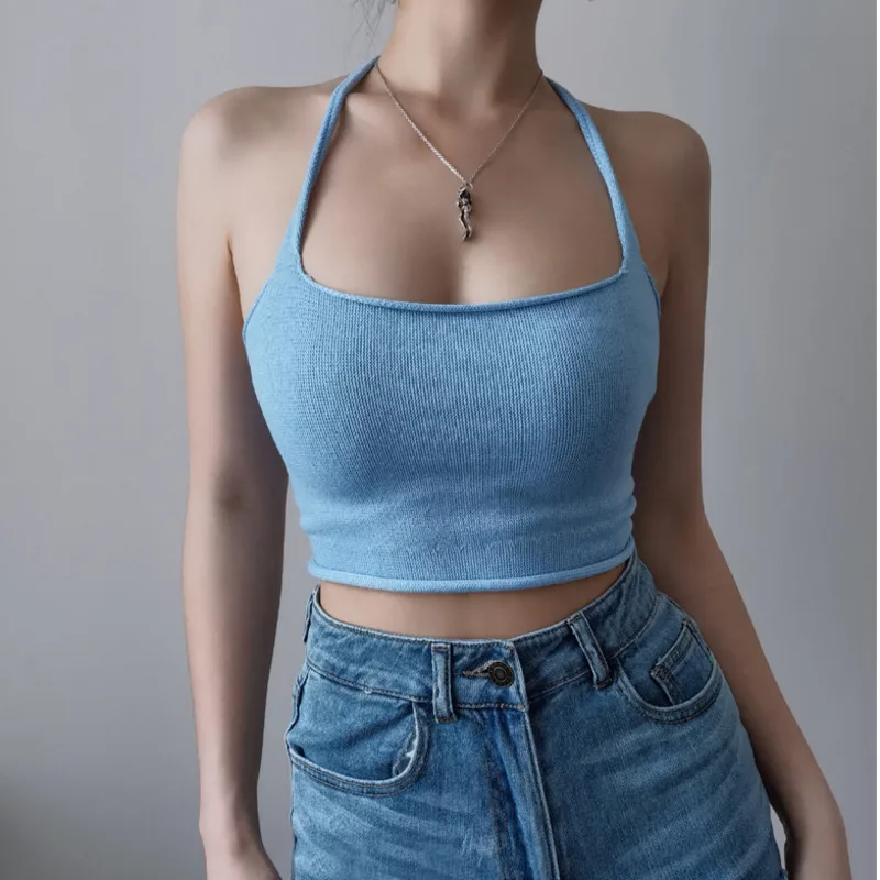 

Women Knitted Halter Neck Crop Top A086