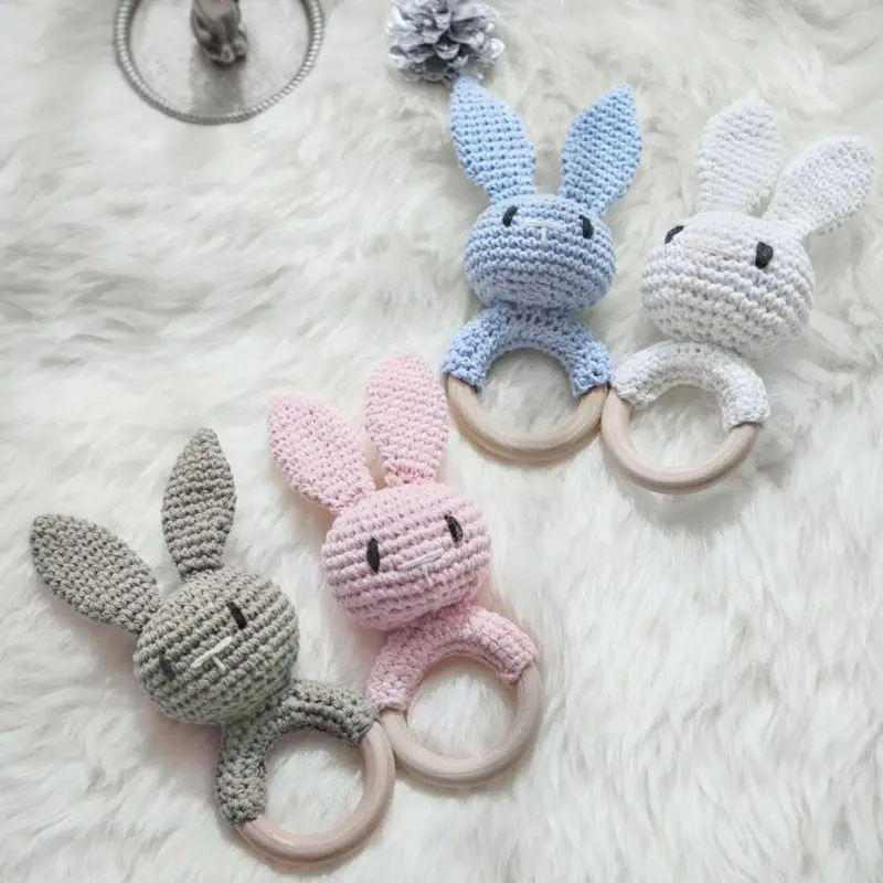 

Baby Wooden Teether Ring DIY Crochet Bunny Rattle Soother Bracelet Infant Teething Molar Play Toys
