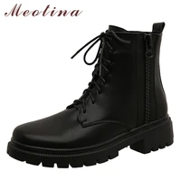 meotina women genuine leather motorcycle boots platform thick med heel shoes ankle boots lace up ladies boots autumn winter 42