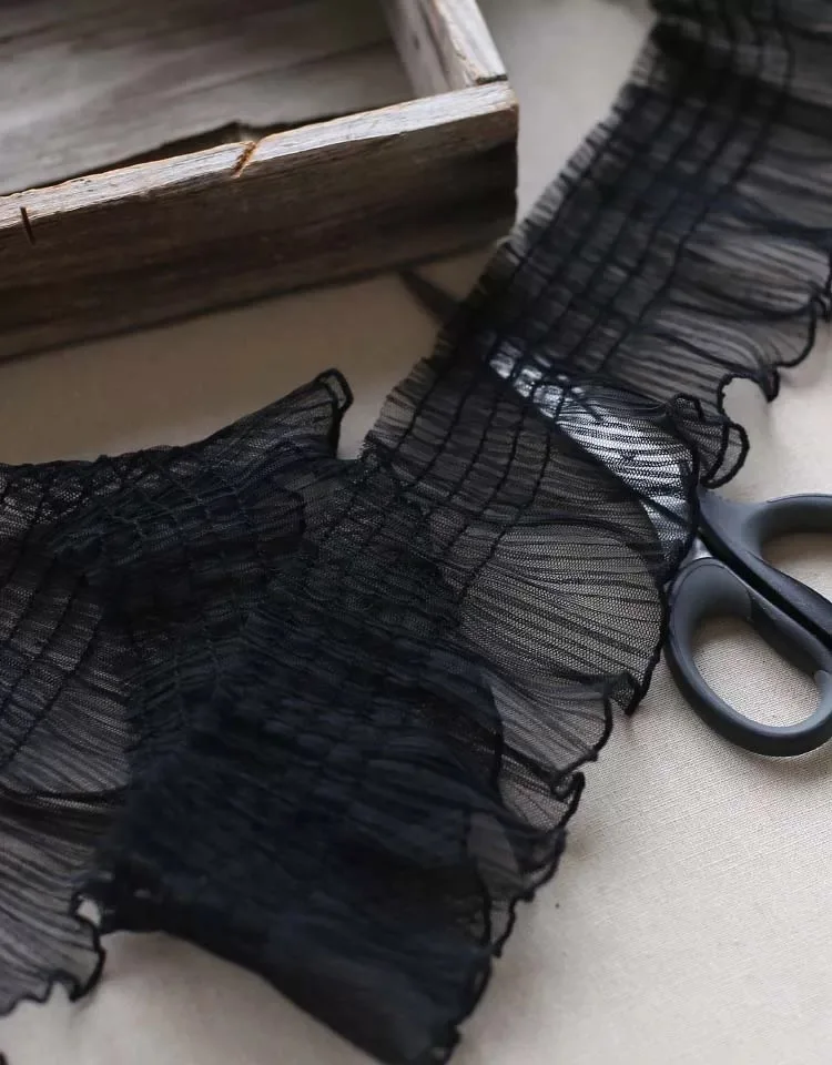 Эластичная кружевная отделка 10 см в ширину черная плиссированная с оборками