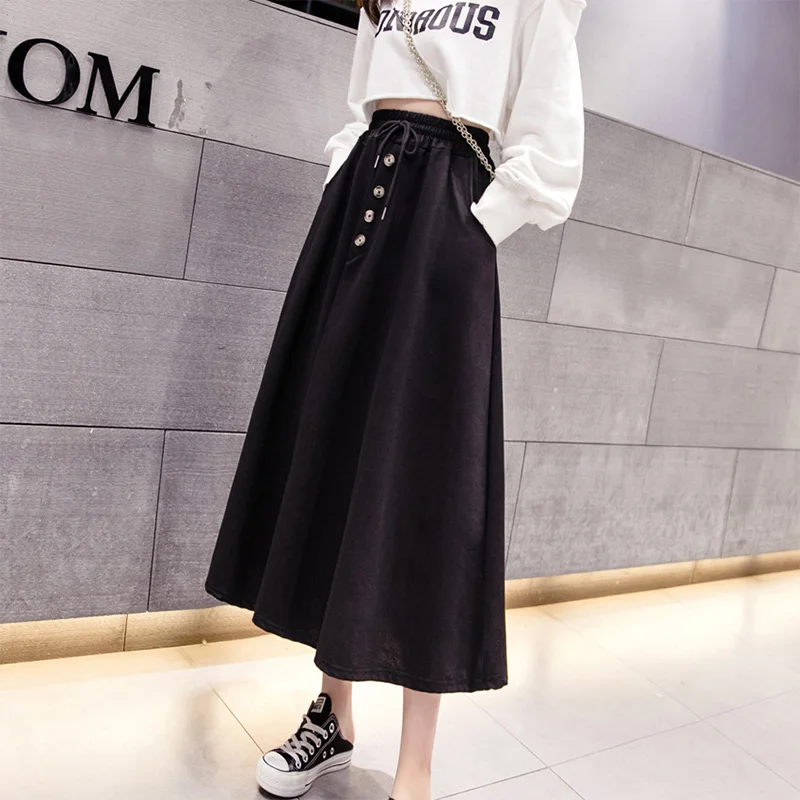 

Women Pocket Elastic Lace up High Waist Long Skirts Female Solid Button A-line Skirt Autumn Fashion Ladies Black Grey Bottoms