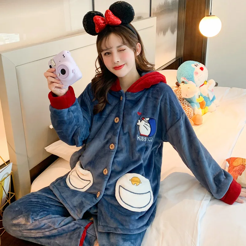 

Doraemon Cosplay Costumes Hoodie Flannel Winter Homewear Pajamas Set For Girls Women Cute Sleeping Wear