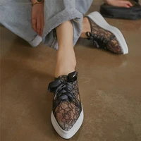 embroider slippers women breathable lace wedges high heel mules female pointed toe fashion sneakers chunky platform pumps shoes
