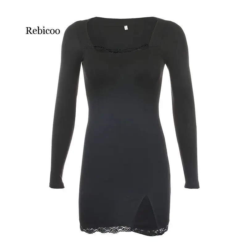 

Autumn Spring Women Sexy Lace Patchwork Long Sleeve Split Dress Hip Package Mini Vestido Party Club Low Chest Outfits Cloth