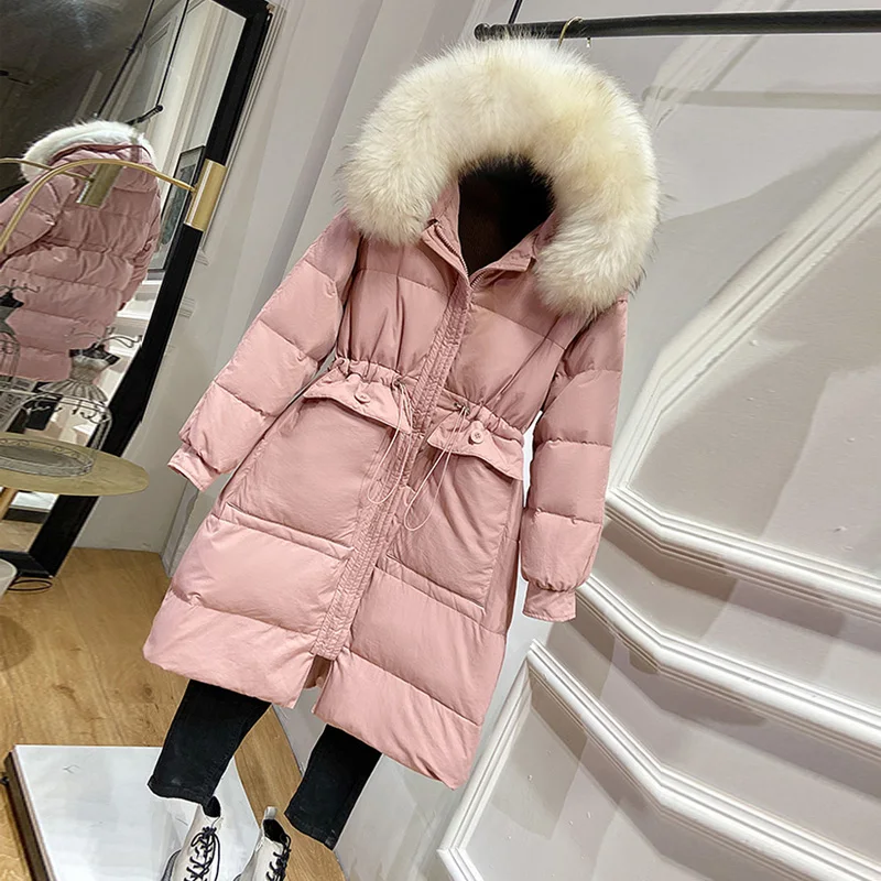 Женское длинное пуховое пальто Janveny куртка на белом утином пуху с капюшоном и