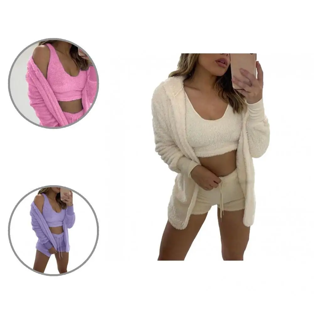 

1 Set Women Tracksuit Set Long Sleeve Autumn Winter Fluffy Pure Color Coat Crop Top Shorts Yoga Outfit Suit for Fitness