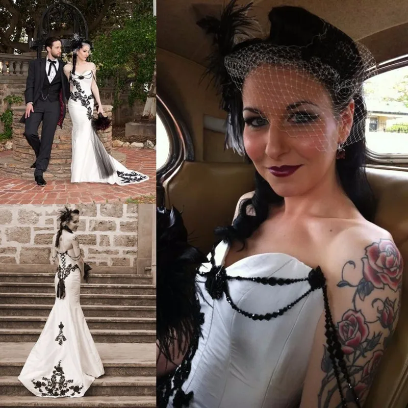 Black Lace And White Satin Mermaid Wedding Dresses Sweetheart Gothic Bridal Gowns Vestidos De Novia robe de mariage | Свадьбы и
