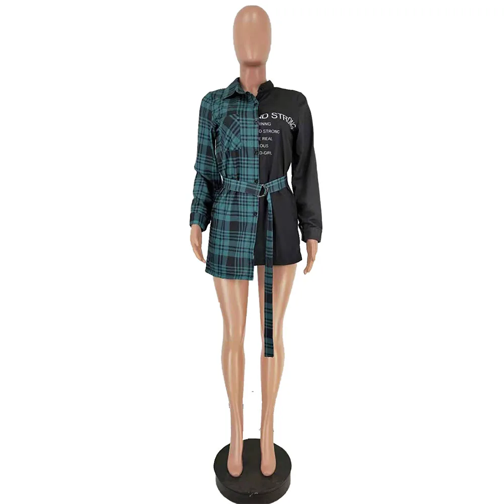 

Letter Plaid Patchwork Women's Blouse Shirts Fashion Turn Down Collar Long Sleeve Blouse Streetwear Buttons Sashes Irregular Top