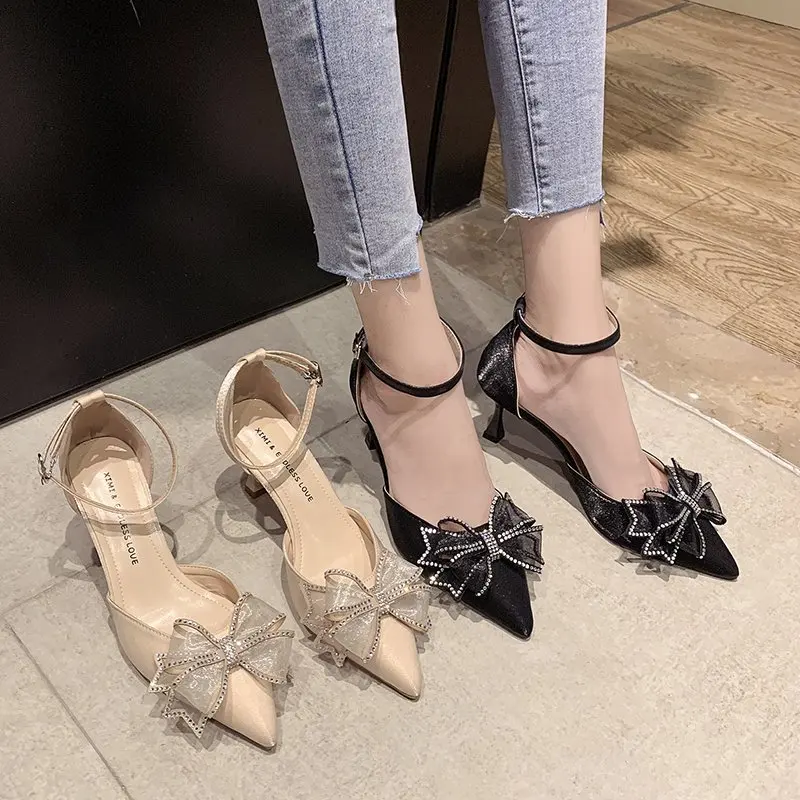 

Closed Toe Sandals Riband 2021 Summer Comfort Shoes for Women Buckle Strap Suit Female Beige High Heels Shallow Mouth Stiletto F