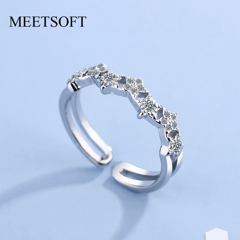 

MEETSOFT Trendy 925 Sterling Silver Minimalist Star Wave Zircon Opening Ring for Women Engagement Romantic Jewelry Drop Shipping