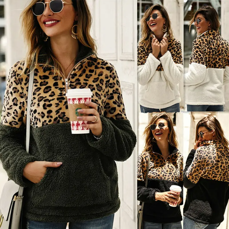 2019 Winter Fleece Sweater Fashion Leopard Patchwork Fluffy Thick Sweaters Warm Zipper Pullovers Women Coat Sherpa Tops | Женская одежда