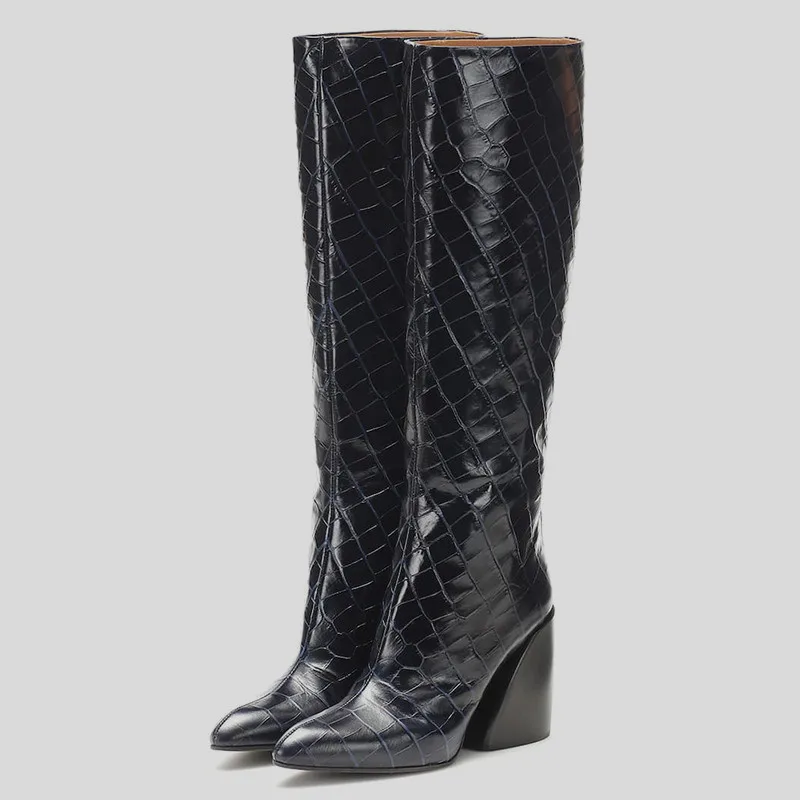 black Stone grain MORAZORA/Большие размеры 35-43; Новые ковбойские сапоги; женские сапоги до колена на Высоком толстом каблуке с острым носком; сезон осень-зима; модная обувь - Цвет: black Stone grain