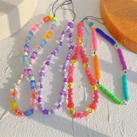 simple cute colored soft pottery glasses round beads smiley face crystal letter mobile phone chain womens lanyard jewelry gifts