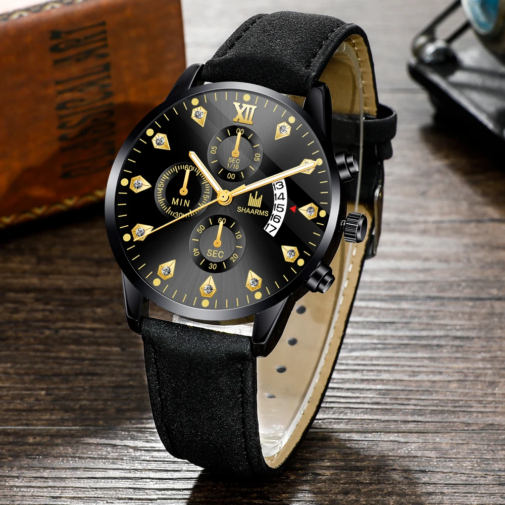 SHAARMS мужские часы кожаный ремешок кварцевые наручные Дата модные спортивные Relogio