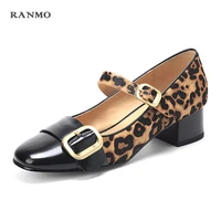 2021single shoes woman high heels women pumps square toe pattern classic buckle thick heel british female genuine leather shoes