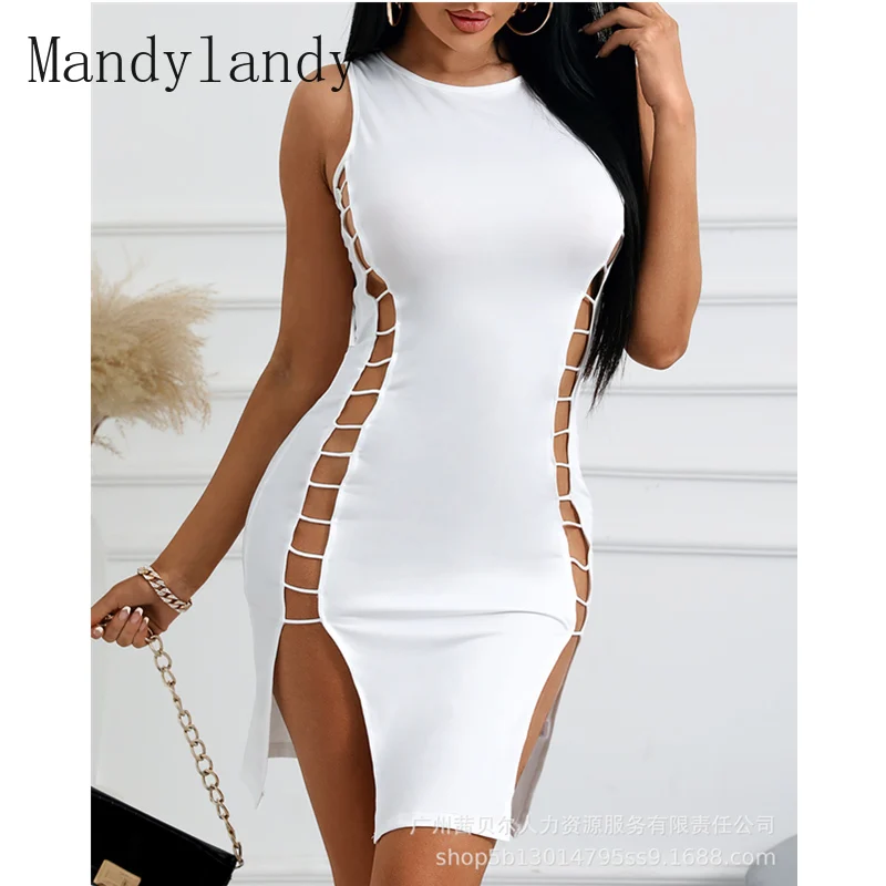 

Mandylandy Women Sexy Hollow Out Bodycon Dress Ladies Elegant Fashion Sleeveless O Neck High Waist Corset Slim Fit Pencil Dress