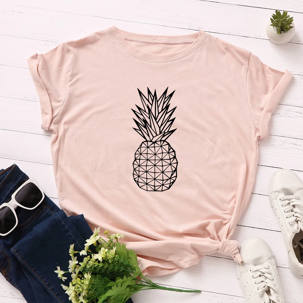 

Women Shirts Plus Size S-5XL Pineapple Print T Shirt 100%Cotton O Neck Short Sleeve Basic Tops Ladies Summer Loose Female Tshirt