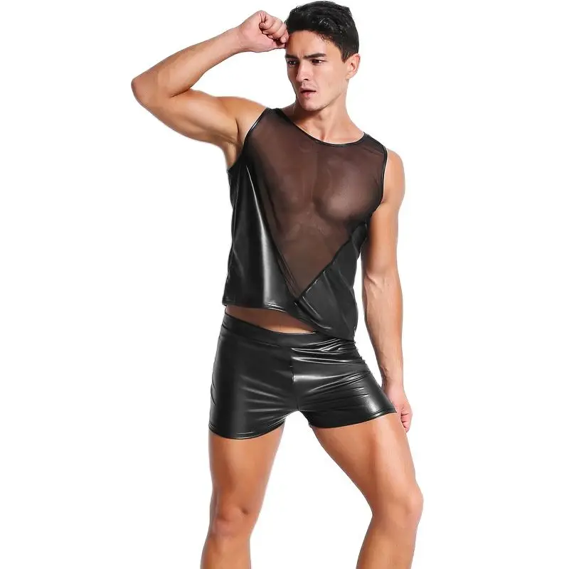 Сексуальные мужские черные лакированные кожаные сценические ролевые шорты с
