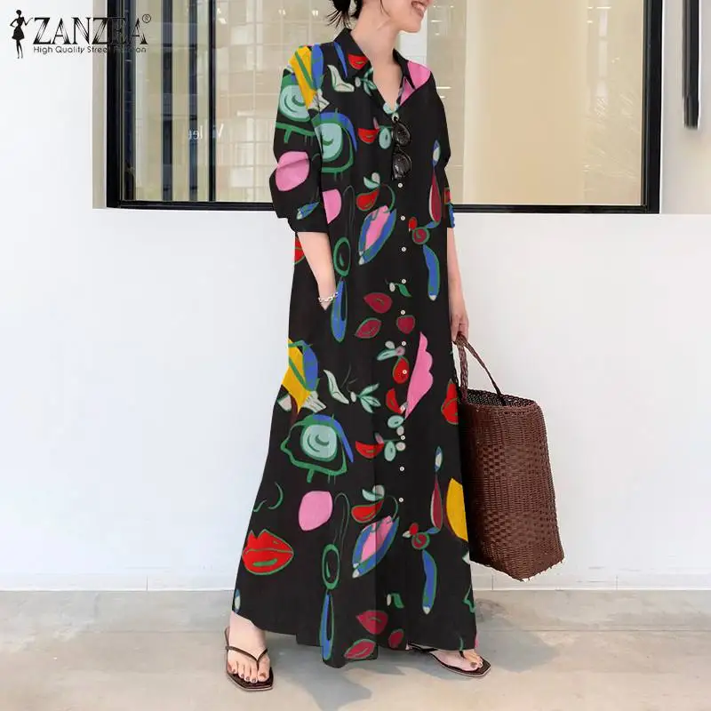 

Women's Spring Floral Sundress ZANZEA 2021 Kaftan Shirt Dress Long Sleeve Maxi Vestidos Female Printed Lapel Robe Plus Size 5XL