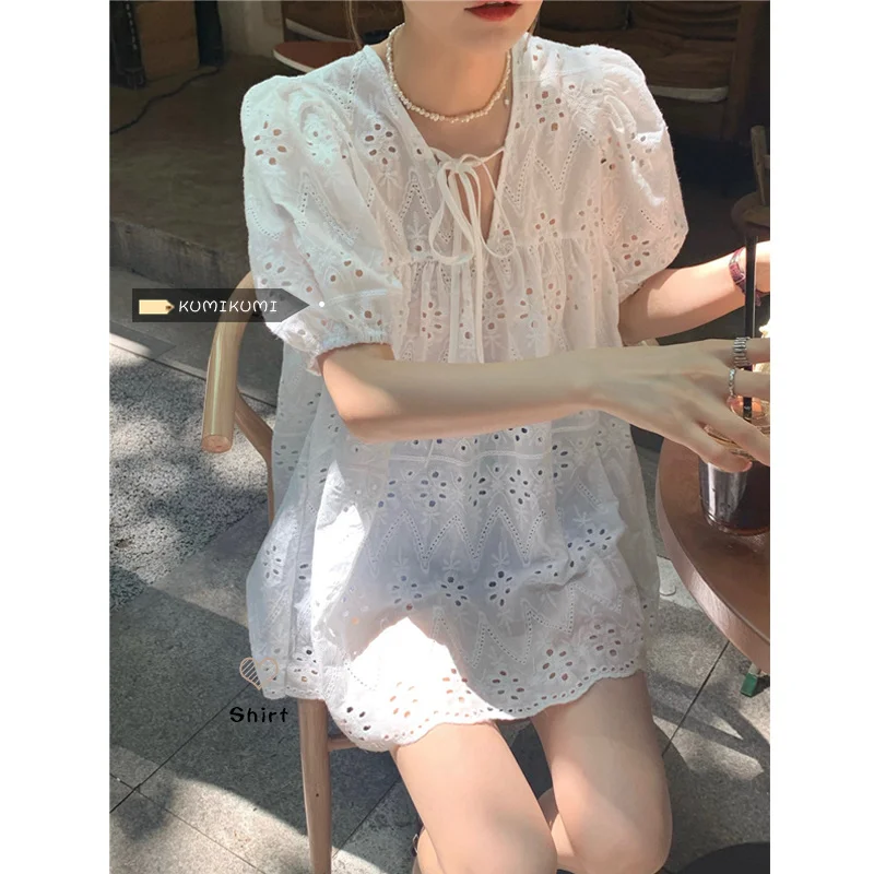 Женское кружевное платье-рубашка белое тонкое свободное платье во французском